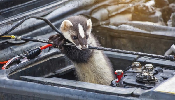 AI generated, animal, animals, mammal, mammals, biotope, habitat, a, individual animal, foraging, wildlife, young marten lies on the engine of a car, cable eater, loves car electrics, beech marten (Martes foina)