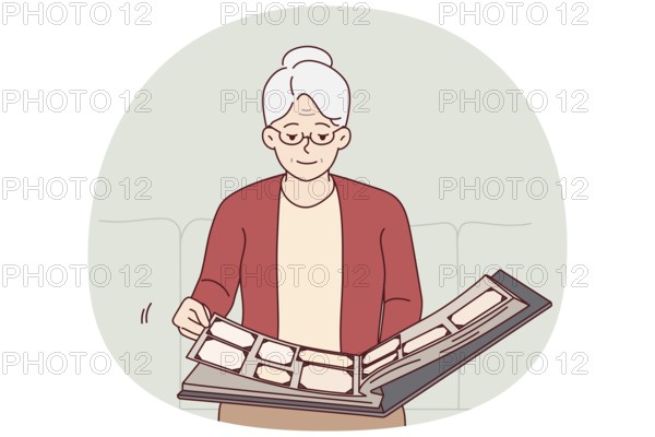 Elderly woman flips through family photo album, remembering student years or fun trips with friends. Grey-haired grandmother sitting alone on couch looking at photos from past. Flat vector design