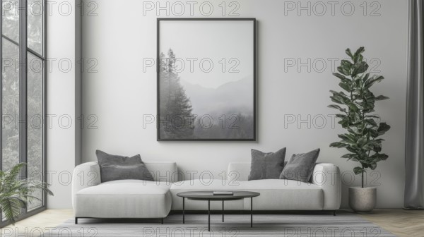 A minimalist living room with a gray sofa and large framed artwork on the wall, AI generated