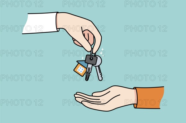Realtor or broker give keys to client or buyer greeting with purchase. Real estate agent congratulate house owner with property buying. Realty and rental. illustration