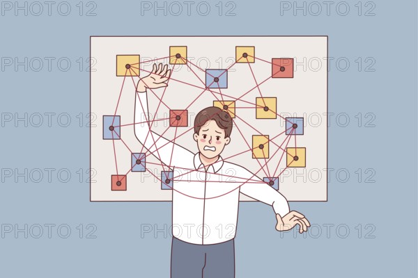 Unhappy man feel stressed with overwhelming work tasks and issues. Confused male employee frustrated with schedule and plans. Time management concept. illustration