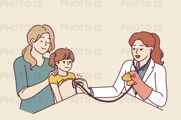 Woman doctor pediatrician applies stethoscope to chest of child sitting on lap of happy mother. Female in white coat works as pediatrician and entertains baby girl during routine examination