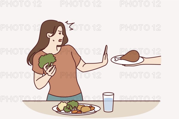 Vegetarian woman refuses meat and makes stop gesture in fear while eating fresh vegetables. Vegetarian girl says no to person offering junk high-calorie food and leads healthy lifestyle