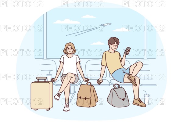 Happy couple with suitcases sitting in airport ready for summer vacation. Smiling man and woman with baggage excited about traveling. Tourism concept. Vector illustration