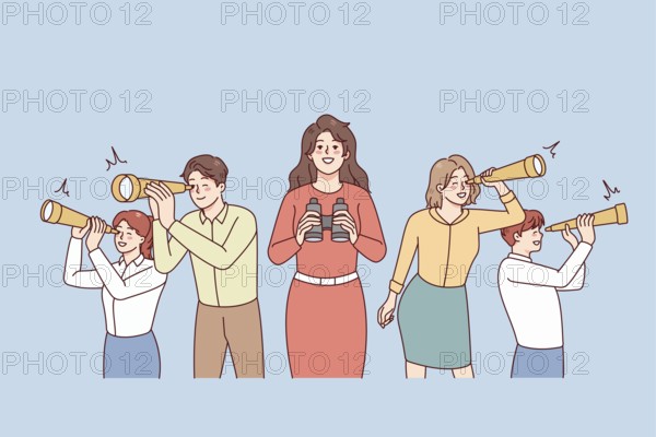 Diverse businesspeople look in spyglass explore new business opportunities. Employees using opera glass discover possibilities at work. illustration