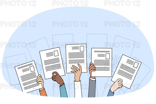 Diverse people hands raise up holding resume or CV offer candidacy at open position. Applicants or candidate apply for job. Employment and competition. Hiring and hr. Vector illustration