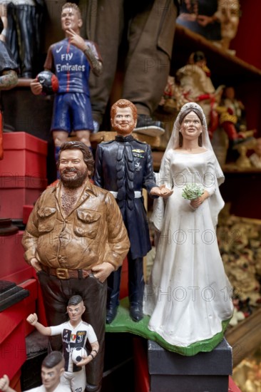 Naples Campania Italy. Statues figurines of the Christmas Nativity Scene in the artisan workshops of Via San Gregorio Armeno