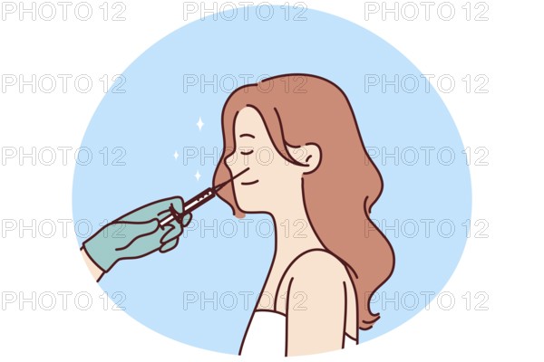 Beautician doctor with syringe make injection to woman face in salon. Female patient have botox procedure in saloon. Medicine and beauty concept. Vector illustration