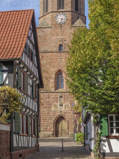 View of church with clock and half-timbered houses in a small cobbled village street, Kandel, Palatinate, Germany, Europe