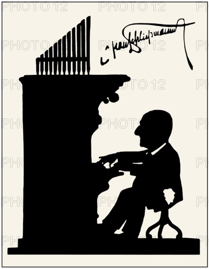 Anton Bruckner playing organ, Silhouette print by Hans Schließmann, digitally edited