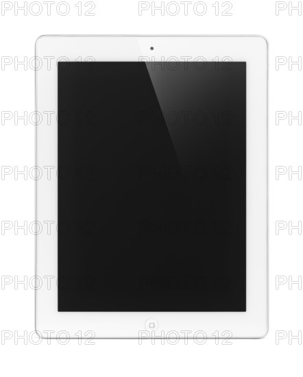White Apple iPad 2 tablet computer with blank display. Isolated with clipping path on white background