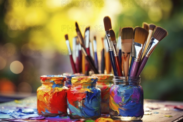 Colourful painter's brushes with oil paint in coloured jars, AI generated