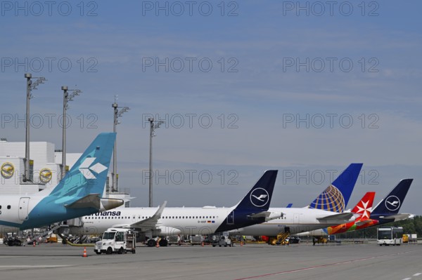 Various Lufthansa, Air Dolomiti, United Airlines, Air Malta, aircraft at check-in position in front of Terminal 2, Terminal 2, Munich Airport, Upper Bavaria, Bavaria, Germany, Europe