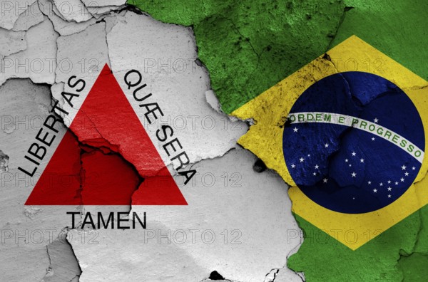 Flags of Minas Gerais and Brazil painted on cracked wall