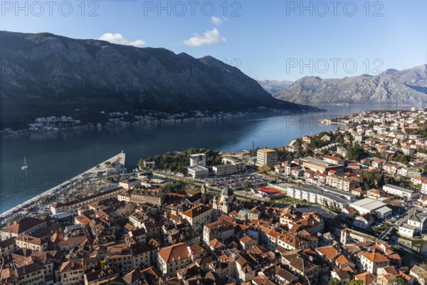 View of the town of Kotor and the Bay of Kotor from the hill above the town, Montenegro, Europe