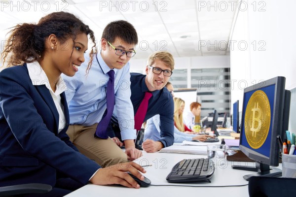 Business team trading bitcoin btc in a computer screen