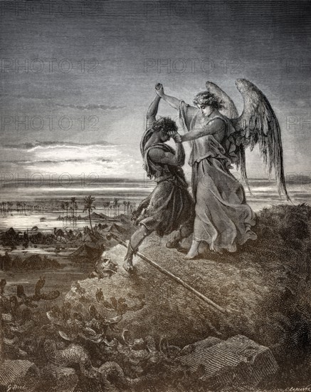 Jacob Wrestles with the Angel, woodcut by Gustave Doré