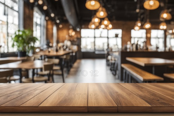 Spacious, modern restaurant with wooden dining tables and industrial lighting creating an inviting atmosphere, AI generated