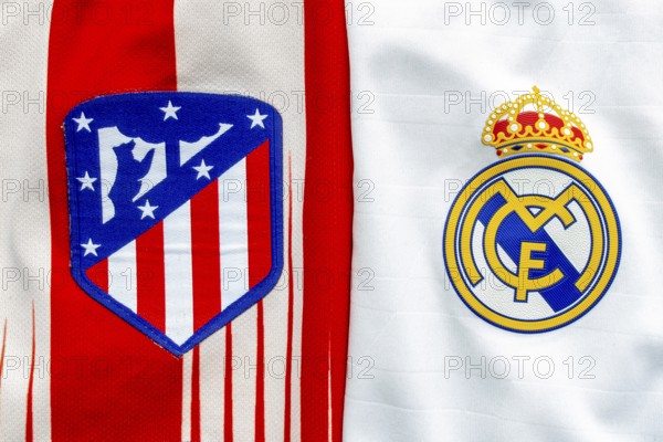 Calgary, Alberta, Canada. July 10, 2020. Club Atletico de Madrid vs Real Madrid close up to their jersey logo