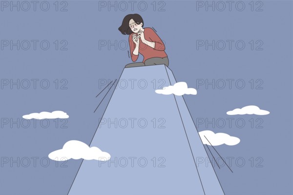 Acrophobia and fear of heights concept. Young stressed woman cartoon character sitting on peak of hill feeling panic of height vector illustration Abstract vector wall art background. Minimalistic abstract wall art background for print. Scandinavian vector style