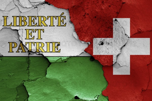 Flags of Vaud canton and Switzerland painted on cracked wall