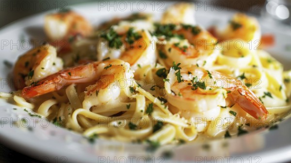 A plate of shrimp linguine garnished with parsley, capturing the essence of Italian cuisine, AI generated