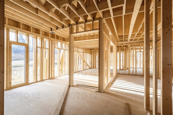 Unfinished interior of a prefabricated contemporary house. Construction site, building future home. Generative ai