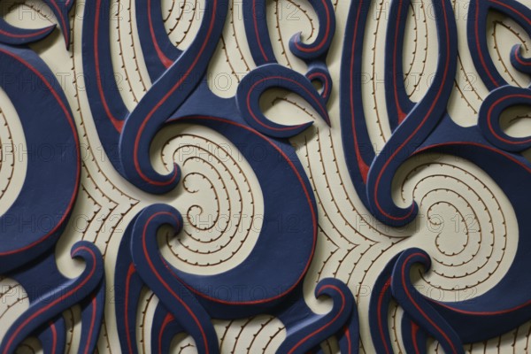 Maori style carvings on display at the National Library, Wellington, New Zealand, Oceania