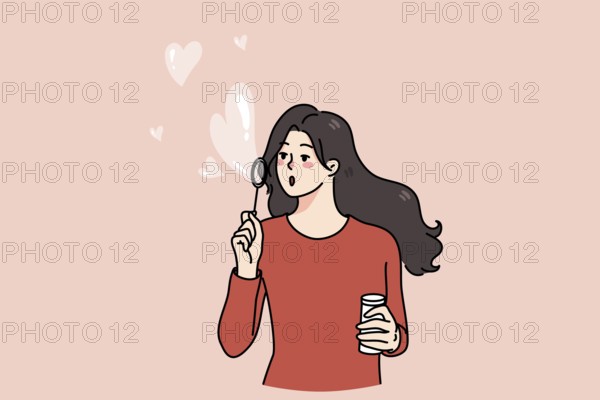 Happy young woman blow soap bubbles with heart shape. Kind girl share spread love and care. Concept of volunteering and charity. Donation and philanthropy. Flat illustration