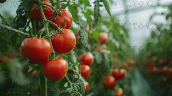 Ripe red tomatoes (Lycopersicon esculentum) growing on a vine in a green indoor greenhouse environment, AI generated