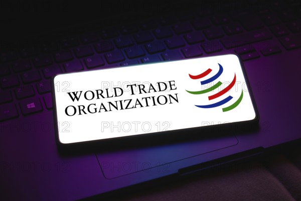 In this photo illustration, the World Trade Organization (WTO) logo is displayed on a smartphone screen
