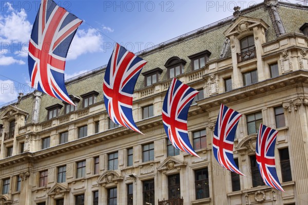 London UK flags in Oxford Street W1 Westminster England