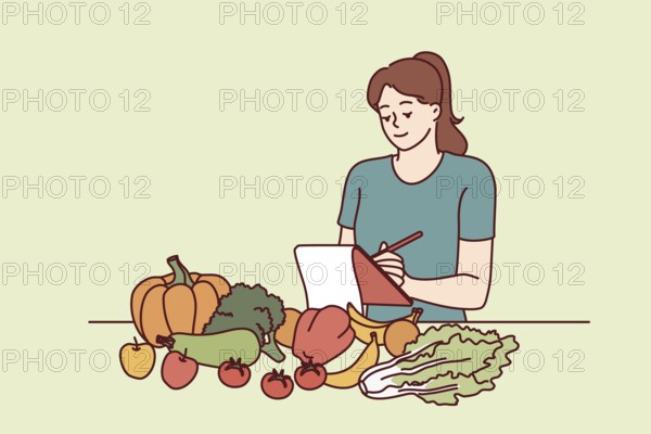Woman nutritionist is standing near table with vegetables and making notes in notebook, making plan for new diet to detoxify body. Girl nutrition specialist uses checklist to mark diet ingredients