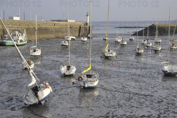 Saint Quay Portrieux, Sailboats rest on mud flats during low tide in a serene harbor with a distant lighthouse