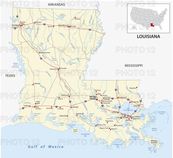 Road map of the US American State of louisiana