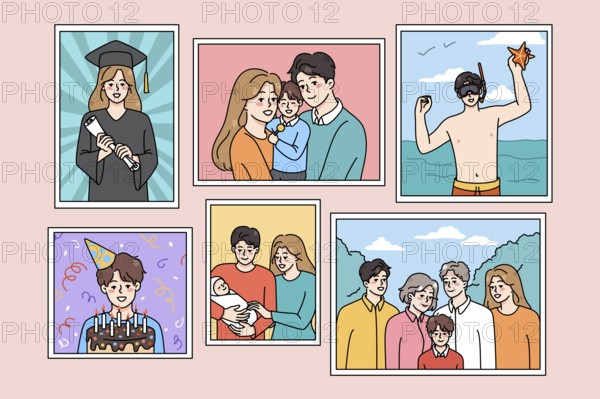 Set of family pictures in frames hanging on wall. Collection of photographs of parents and children during important memorable life moments. Memory in photo. Vector illustration