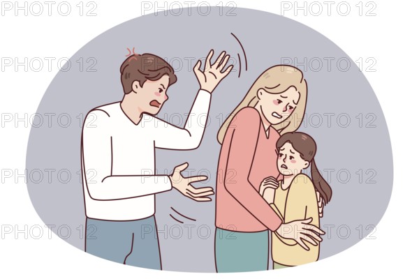 Mother protect child from aggressive father. Woman hide kid from authoritarian husband. Family conflict and domestic violence problem. Vector illustration