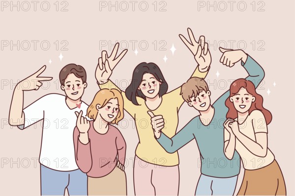 Portrait of smiling people posing together. Happy men and women have fun make diverse gestures. Friendship and unity. illustration