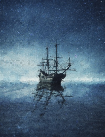 Beautiful painting of a ghost ship floating on the blue sea under the starry night sky. Wonderful seascape with a boat on the horizon reflecting on the calm water