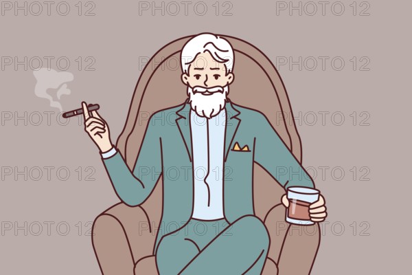 Elderly man aristocrat sits in armchair in expensive formal suit and drinks brandy with cigar. Millionaire aristocrat with gray mustache and beard poses haughtily with glass of alcohol