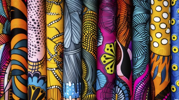 Colorful African print fabrics hanging and displaying diverse patterns, AI generated