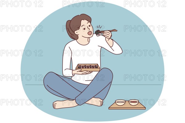 Happy young woman sit on floor eating sushi with chopsticks. Millennial female enjoy traditional Japanese food at home. Cuisine concept. Vector illustration