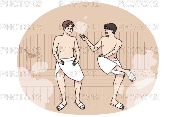 Happy male friends in towels relax in sauna on weekend together. Smiling men enjoy bathhouse relaxation, rest in spa or wellness center. Relaxation and recreation. Vector illustration