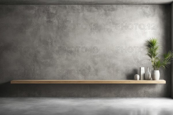 Modern minimalistic interior with concrete walls and floor, featuring a wooden shelf with decorative vases and a plant, AI generated