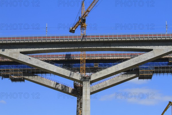 485 metre long Filstal bridge under construction between Mühlhausen im Täle and Wiesensteig, Albaufstieg Schwäbische Alb, Stuttgart-Ulm railway project, at 85 metres one of the highest railway bridges in Germany, connects the Boßler tunnel with the Steinbühl tunnel, Baden-Württemberg, Germany, Europe