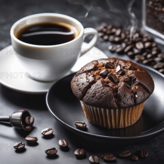 Black coffee in a white cup with a chocolate muffin topped with coffee beans on a dark background, AI generated