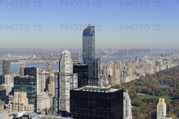 Viewing terrace of Rockefeller Center, view of Central Park surrounded by skyscrapers in autumn, Manhattan, New York City, New York, USA, North America