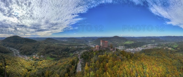 Aerial view, Reichsburg Trifels, Annweiler, Palatinate, Rhineland-Palatinate Forest in autumn, Germany, Europe