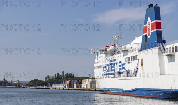 A picture of a large passenger and roll on-roll off cargo ship from Polferries docked in the Port of Gdansk