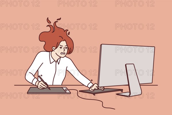 Nervous woman freelancer sitting at computer, feeling pressure due to tight deadlines to complete project. Girl with shaggy hair is located at office desk with monitor trying to meet deadlines